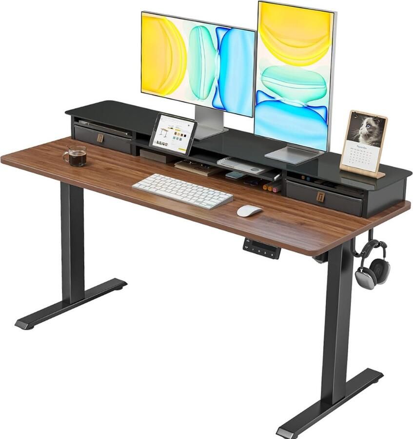 Elektrisch Hoogteverstelbaar Bureau met 2 Laden 120 x 60 cm Zit Sta Bureau met Geheugenfunctie Thuis Kantoor Bureau Anti Botsing Systeem Donkerbruin