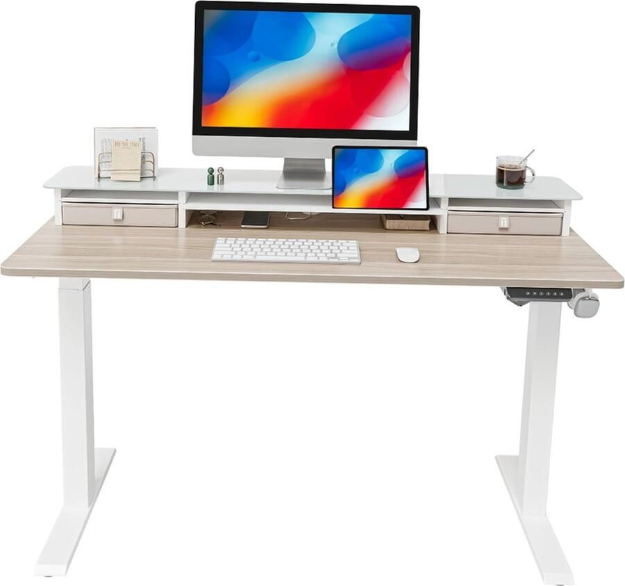 Elektrisch Hoogteverstelbaar Bureau met 2 Laden 120 x 60 cm Zit Sta Bureau met Geheugenfunctie Thuis Kantoor Bureau Anti Botsing Systeem Licht Walnoot Tafelblad