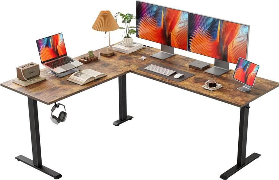 Agilestic In Hoogte Verstelbaar LVormig Bureau 160 x 140 cm Elektrisch Hoekbureau met Geheugenfunctie voor Kantoor Thuisgebruik Bruin