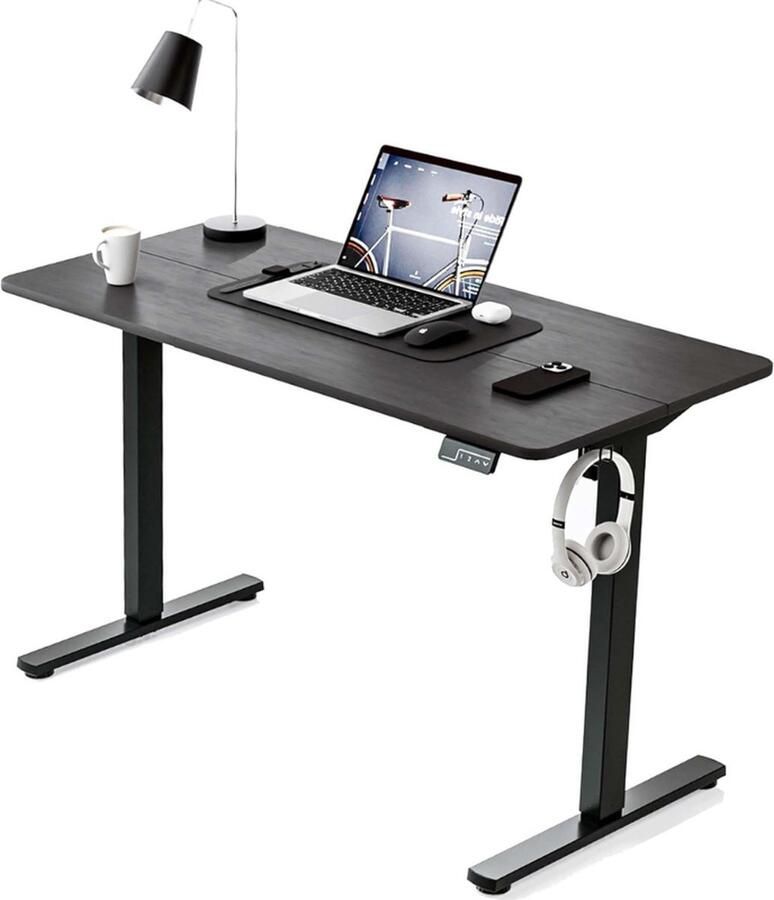 Elektrisch In Hoogte Verstelbaar Bureau 110 x 60 cm Ergonomische Tafel met Splitplaat voor Kantoor Zwart Frame Zwart Tafelblad