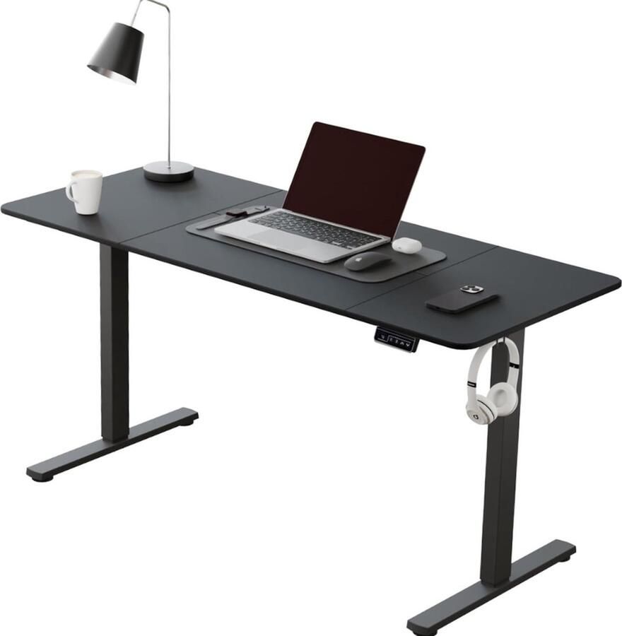 Elektrisch In Hoogte Verstelbaar Bureau 140 x 60 cm Bureau met Gesplitst Blad Zwart Frame Zwart Bureaublad