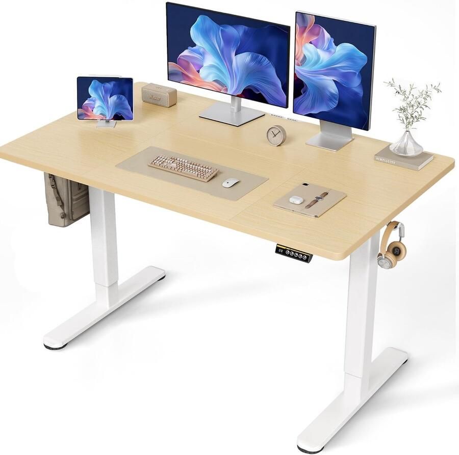 Retadou Elektrisch in hoogte verstelbaar bureau 140 x 70 cm sta-zittafel met kabelmanagement en geheugenfunctie stille motor voor thuiskantoor ergonomisch design beige werkblad