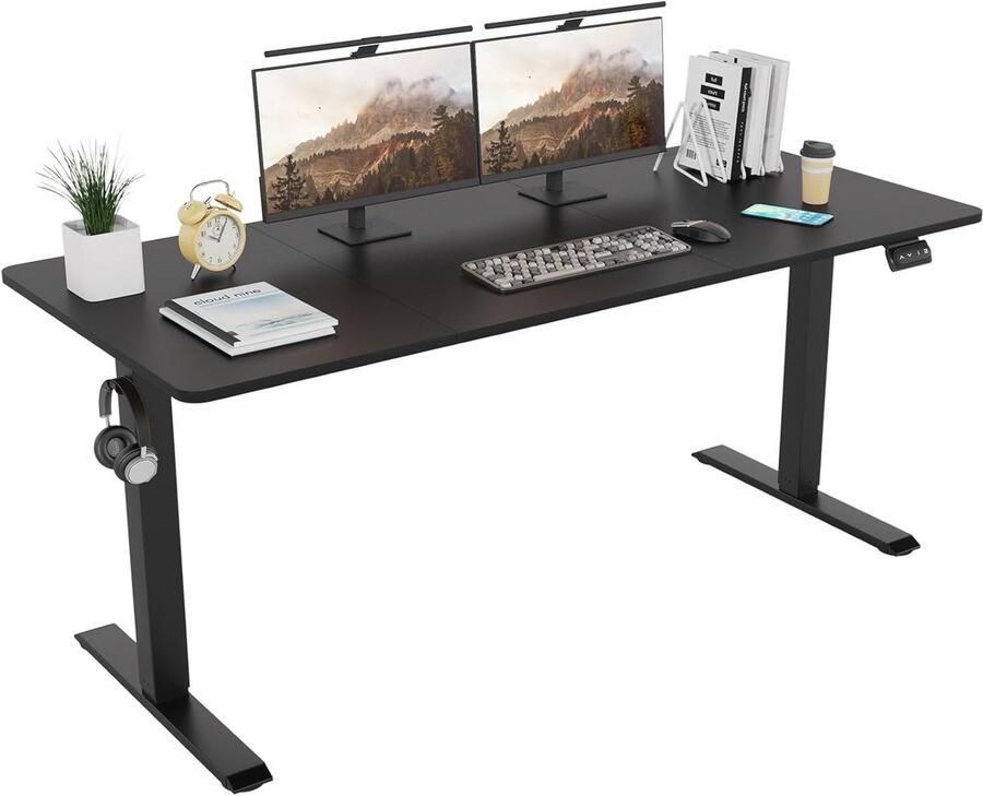 Elektrisch in hoogte verstelbaar bureau 160 x 70 cm met geheugen voor 2 hoogtes en kabeldoorvoer zwart