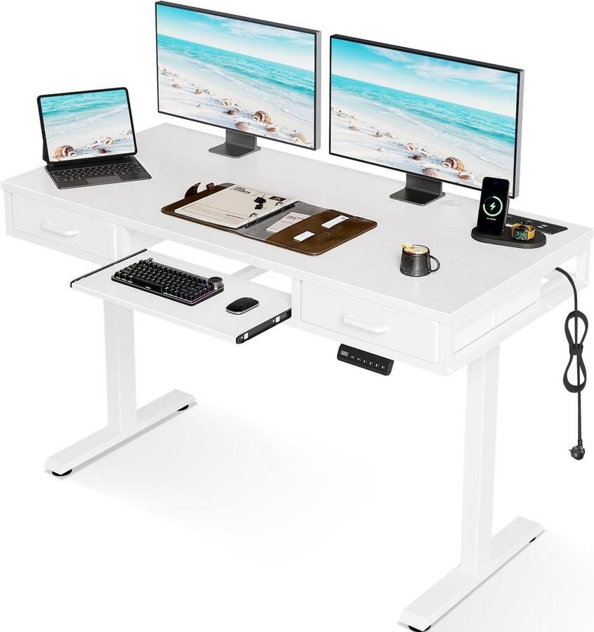 “Elektrisch In Hoogte Verstelbaar Bureau – 180 cm 3-Panel Sta-Zit Bureau met USB Poorten Wit Wilgentenen Blad & Wit Stalen Frame”