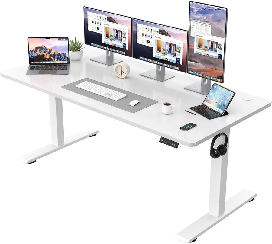 Elektrisch in hoogte verstelbaar bureau met geheugenfunctie 160 x 60 cm Wit