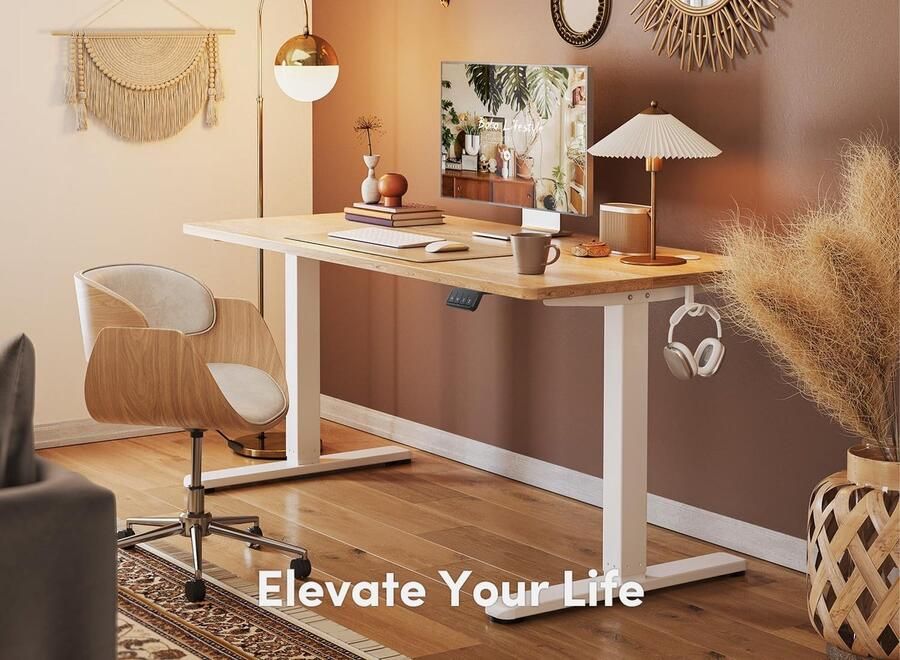 Elektrisch in hoogte verstelbaar bureau sta-bureau van 100 x 60 cm met geheugencontrole en antibotsingstechnologie Basswood eik nerf