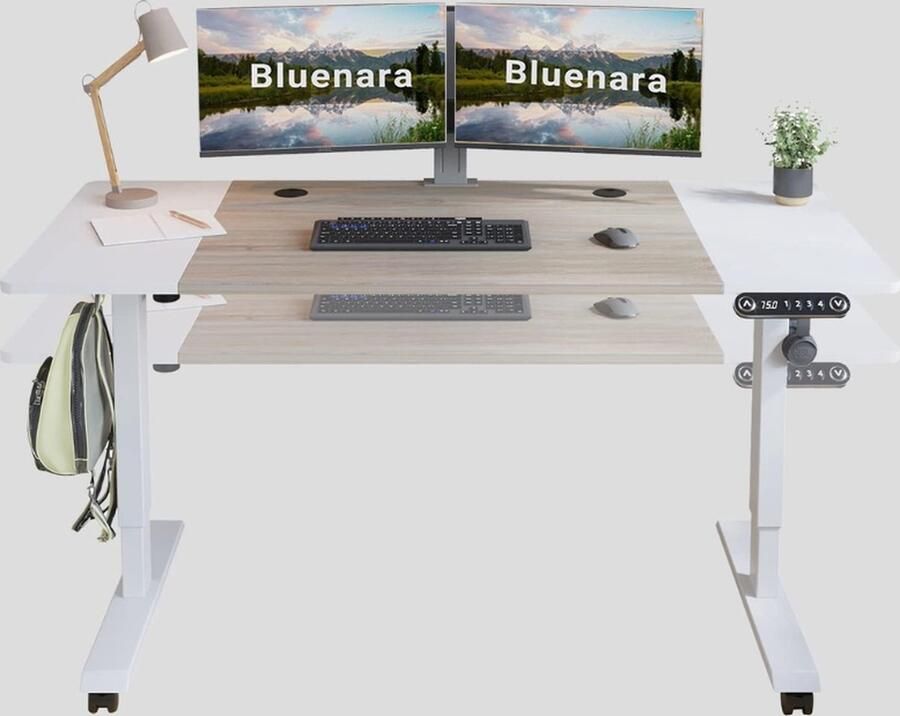 Elektrisch In Hoogte Verstelbaar Sta Bureau Met Geheugenbesturing en AntiBotsingstechnologie Zwart FrameLicht Eiken Blad 140 x 76 cm