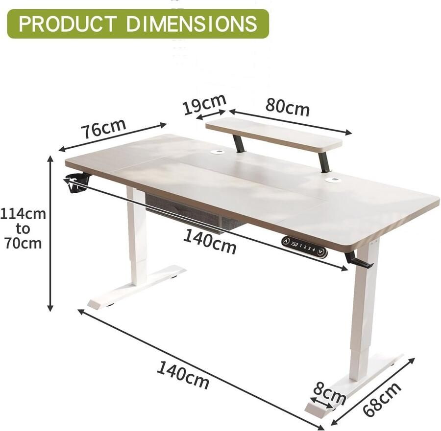 Elektrisch in hoogte verstelbaar staand bureau Ergonomisch bureau voor thuiskantoor (140 x 76 cm)