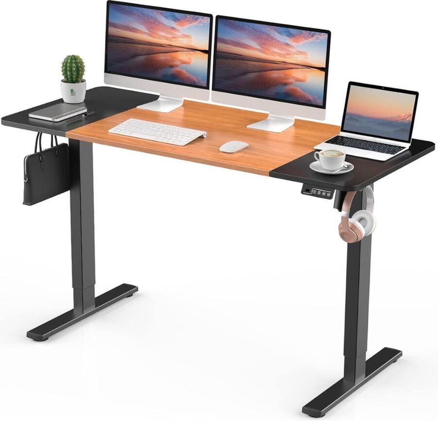 Elektrisch In Hoogte Verstelbaar Zit Sta Bureau 140x60 cm 55 1x23 6 Bureau met Gesplitst Bovenblad voor Thuiswerk(Zwart Frame Zwart + Kersenhout Bureaublad
