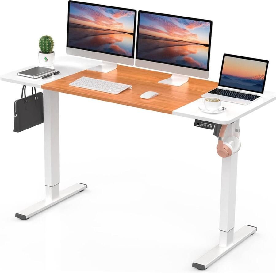 Elektrisch In Hoogte Verstelbaar Zit Sta Bureau 140x60 cm Split Top Tafel voor Thuiswerk Wit Frame Wit Kersenhout Bureaublad