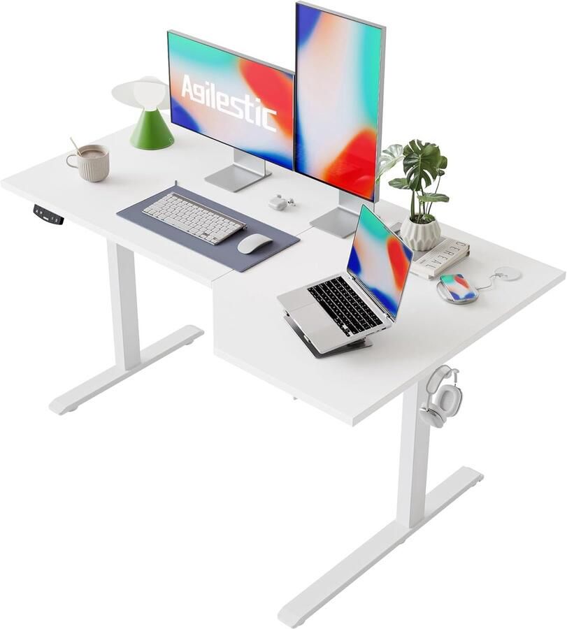 Elektrisch L-Vormig Hoogteverstelbaar Bureau 140 cm voor Thuiskantoor Ergonomisch Zit- en Staanbureau in Wit