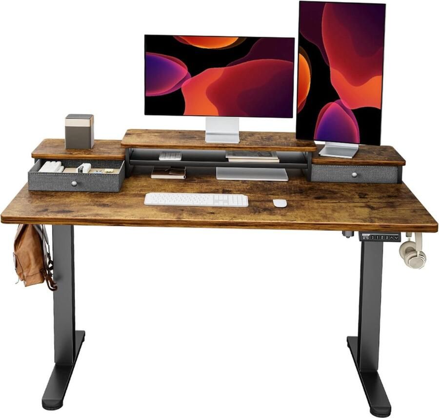 Elektrisch Staand Bureau met Dubbele Laden 122 x 61 cm Hoogteverstelbaar Zit Sta Bureau voor Thuis Kantoor met Opbergplank Vintage Bruin