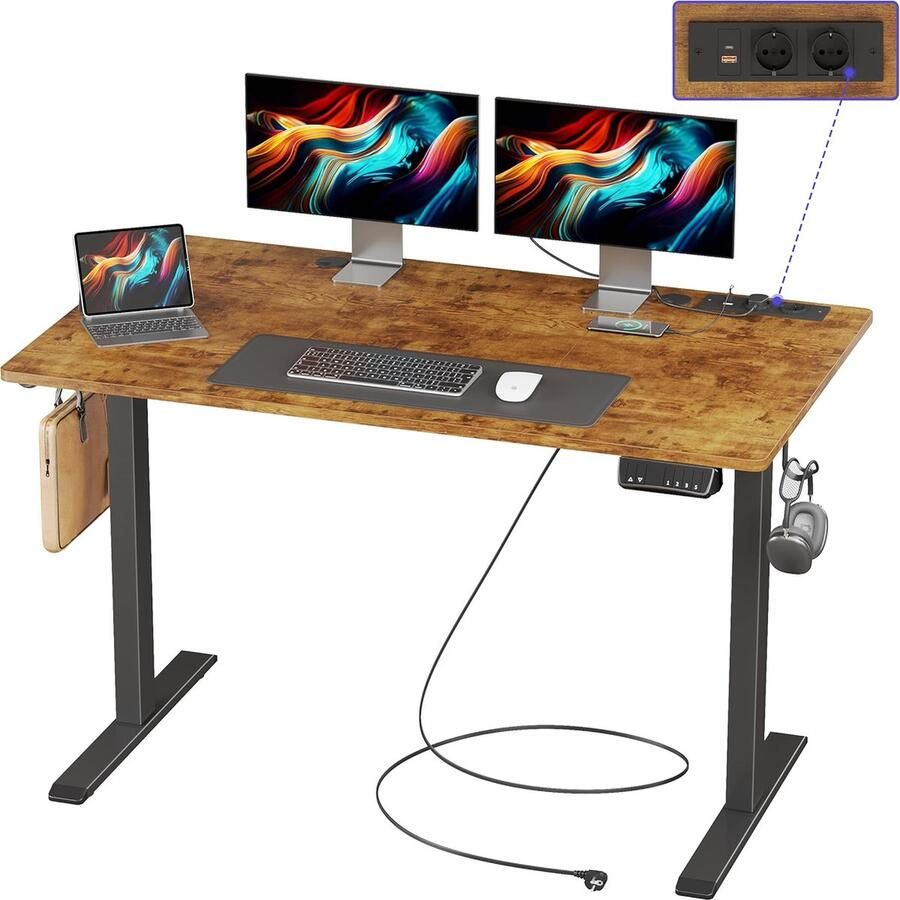 Elektrisch Staand Bureau met Voedingsocket Verstelbaar Bureau 1 stuk Antieke Houten Kleur 120cm x 60cm