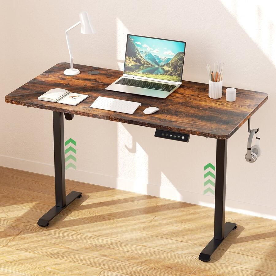 Parya Home Elektrisch Verstelbaar Bureau 140 x 60 cm – Traploos in Hoogte Verstelbaar met 4 Geheugenstanden – Vintage Bruin Houtlook & Zwart Stalen Frame