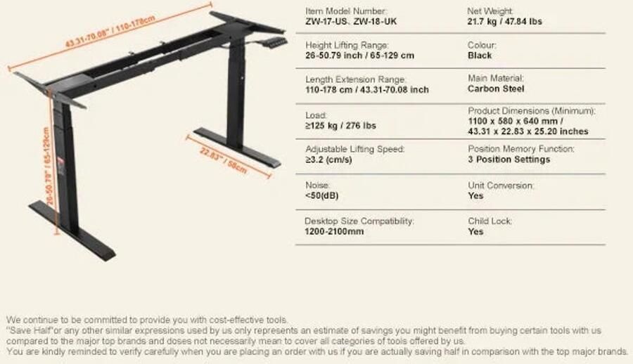 Elektrisch Zit-Sta Bureauframe Verstelbaar Bureau Onderstel Staand Bureauframe Bureauonderstel Hoogte Verstelbaar 64-129cm met Geheugenfunctie voor Buro Bureau Poten Bureautafel Burotafel Zwart