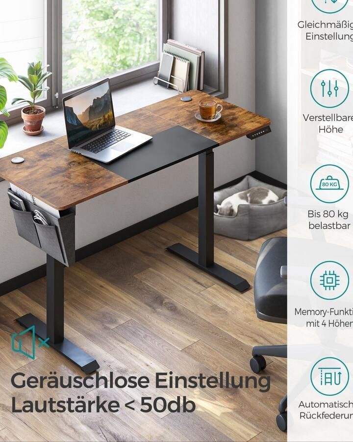 Rootz Living Rootz Elektrische Bureaustandaard Verstelbaar Bureau Sta-bureau Vintage Bruin-Zwart Spaanplaat en Staal In Hoogte Verstelbaar Opbergvak Geluidsarm 140cm x 60cm x (72-120)cm