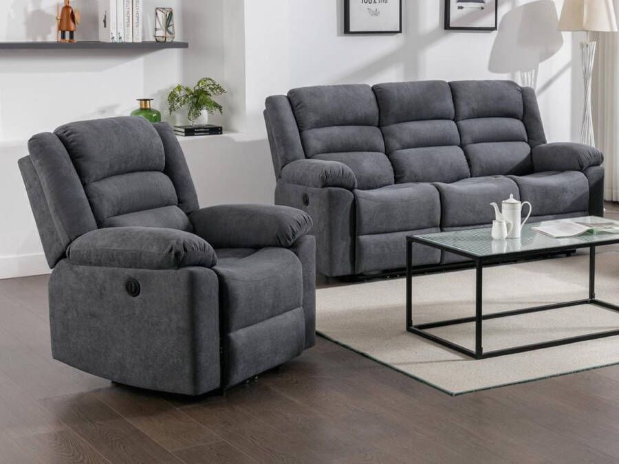 Vente-unique Elektrische driezits-relaxbank en relaxfauteuil van grijze stof BUROLO L 199 cm x H 103 cm x D 95 cm - Foto 1