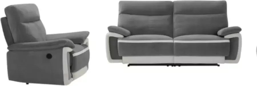 Vente-unique Elektrische driezitsbank en fauteuil van fluweel METTI Grijs en banden van ecru L 204 cm x H 102 cm x D 92 cm