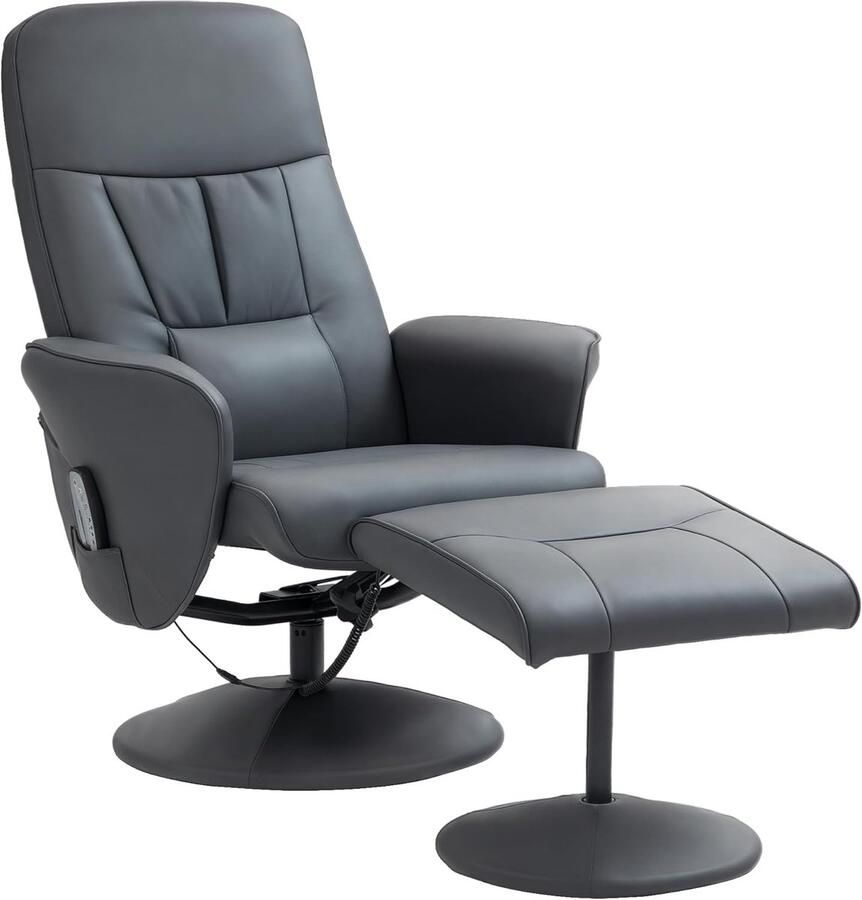 Elektrische Massagestoel met Ligfunctie en 10 Massagepunten – Comfortabele Relaxstoel met Voetenbank Draaibare TV-Stoel Afstandsbediening en Zijzak – Kunstleer Donkergrijs