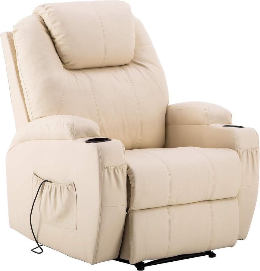 Elektrische Massagestoel met Verwarming en Trillingsfunctie – Comfortabele Relaxstoel met Ligfunctie en Afstandsbediening – Luxe TV-Stoel van Zachte Stof in Wit