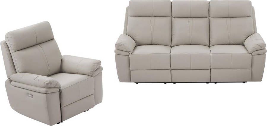 Elektrische relax-driezitsbank en -fauteuil van lichtgrijs leer MESOLA L 206 cm x H 103 cm x D 97 cm