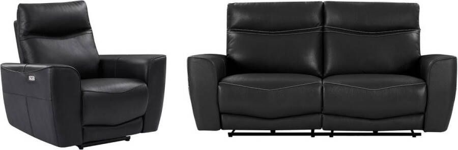 Elektrische relax-driezitsbank en -fauteuil van zwart vaarsleer DAMON L 208 cm x H 102 cm x D 90 cm