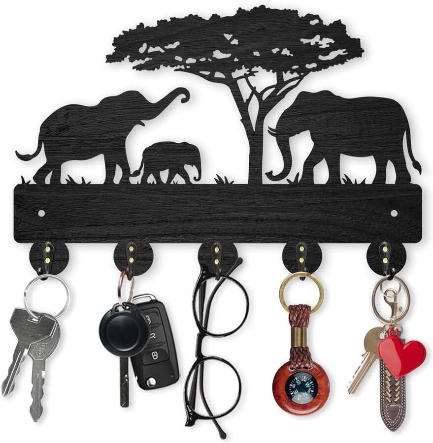 Elephant Tree Key Holder voor Wand Houten Wildlife Sleutelhangers 5 Metalen Haakjes Decoratieve Sleutelhanger Hoed Haken Sleutelrek 30×20cm Woondecoratie Cadeau Kledingrek Wandhanger voor Wand