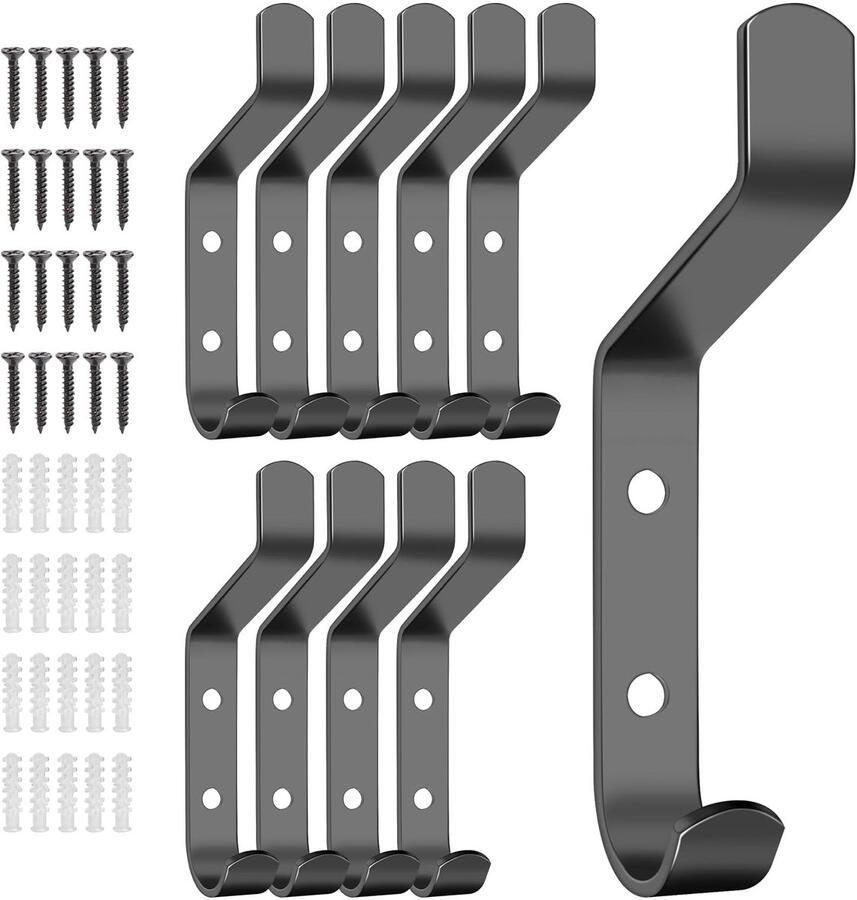 ELEPRUC 10-delige kapstokhaken wandgemonteerde kapstokhaken met schroeven metalen haken voor jassen mantels hoeden sjaals handdoeken handtassen wandhaken voor in de badkamer zwart