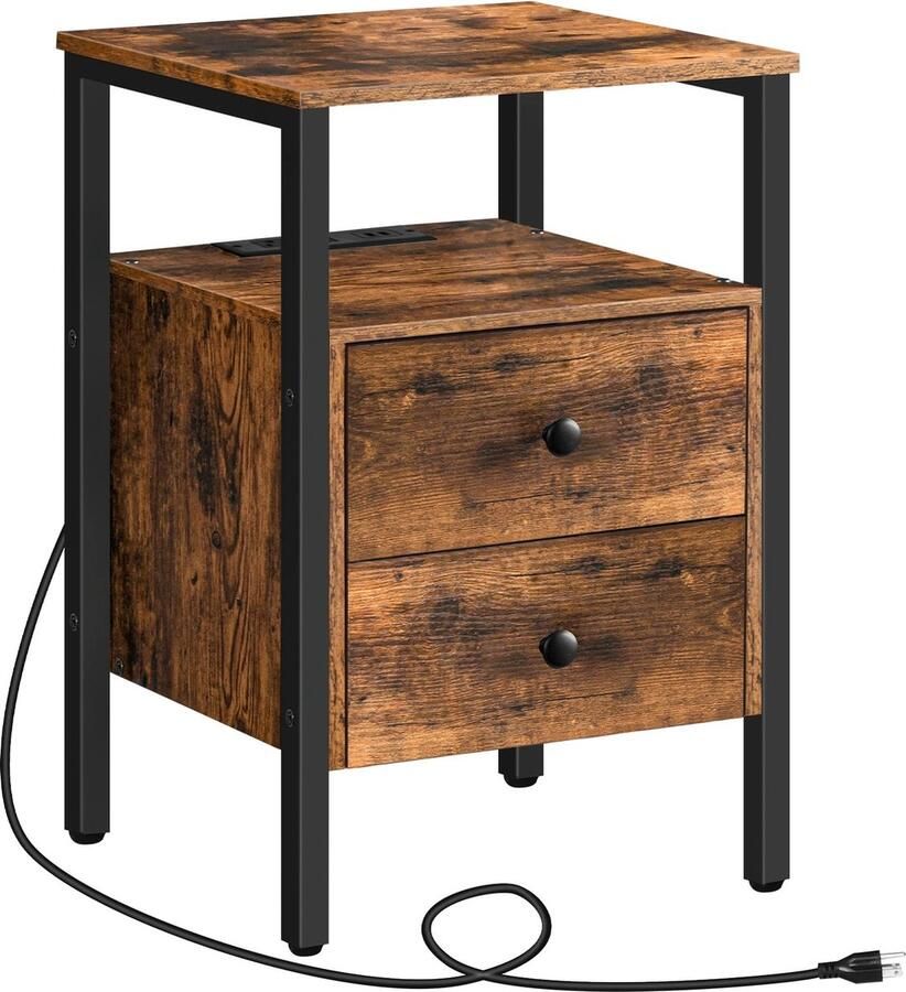 EliteNest Bijzettafel Met Laadstation 2 Laden & USB-poorten Rustiek Bruin 40x40x61 cm Opslag & Ruimtebesparing Slaapkamer