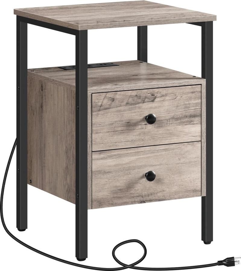 EliteNest Bijzettafel Met Laadstation 2 Laden & USB Stopcontacten 40x40x61 cm Ruimtebesparend Greige Slaapkamer Woonkamer