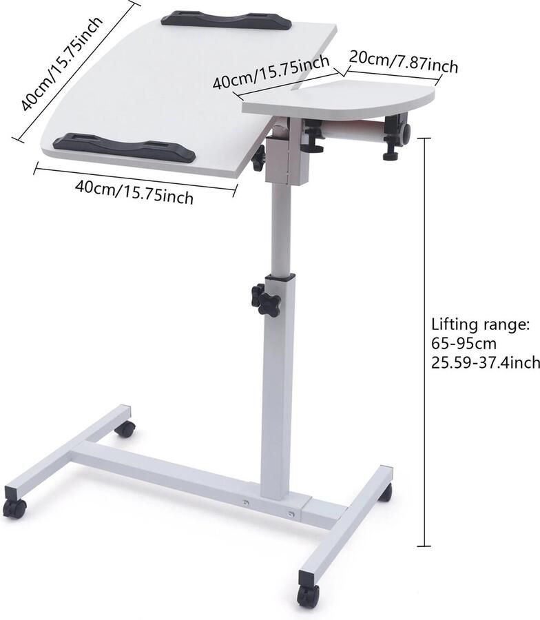 EliteNest Bureau Hoek & In Hoogte Verstelbaar Rollende Wielen Kantelbaar Tafelblad Wit Hoekbureau Bureau Blad 40 x 40cm 95cm Max Hoogte