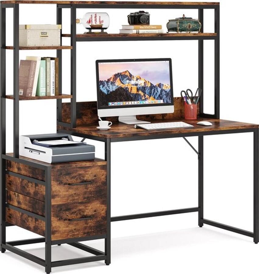 EliteNest Computerbureau 140 cm Met 2 Lades & Opbergplanken IndustriÃle Look Chocolade Kleur Stevig Stalen Frame