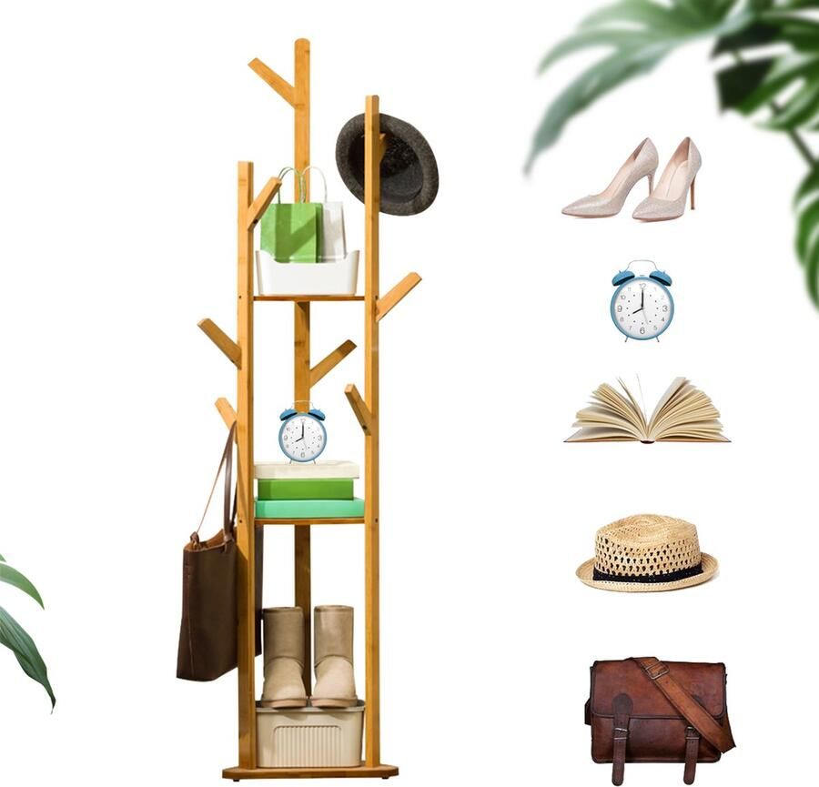 EliteNest Kapstok Bamboe stijlvol Boomvorm Kledingrek Vrijstaand 165cm Hoog 3-Tier Planken Milieuvriendelijk en Ruimtebesparend