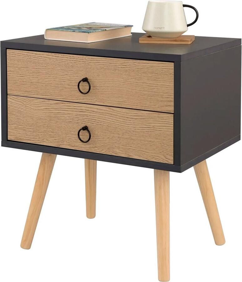 EliteNest Nachtkastje 2 Laden Modern Design Grijs & Wit 46x35x50 cm MDF & Massief Hout Groot Tafelblad Slaapkamer Decoratie