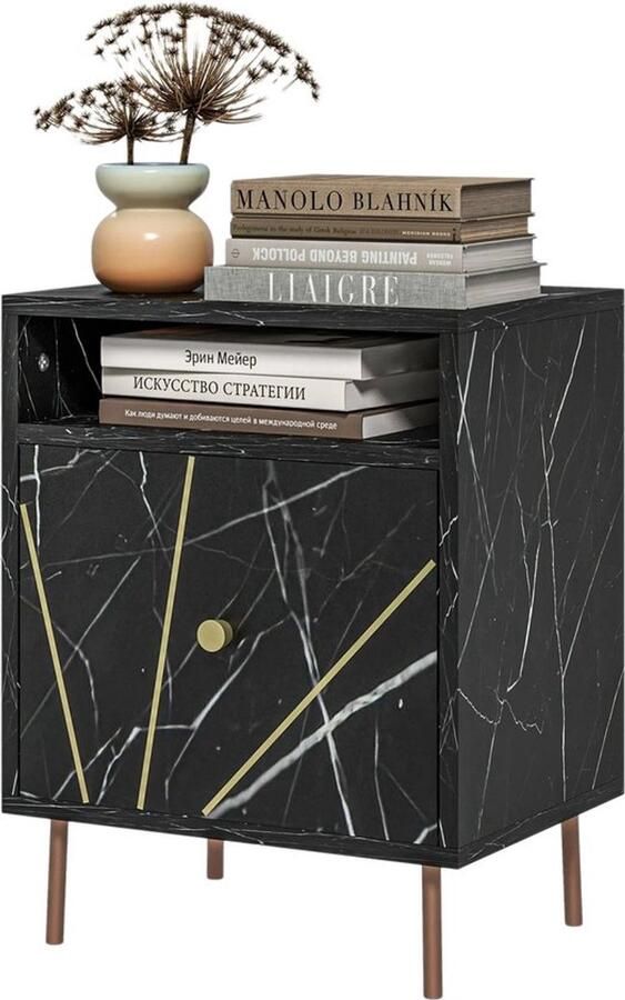EliteNest Nachtkastje Modern Design Marmer Effect Zwart Gouden Poten 39x30x50cm Met Lade en Open Vak Functionaliteit