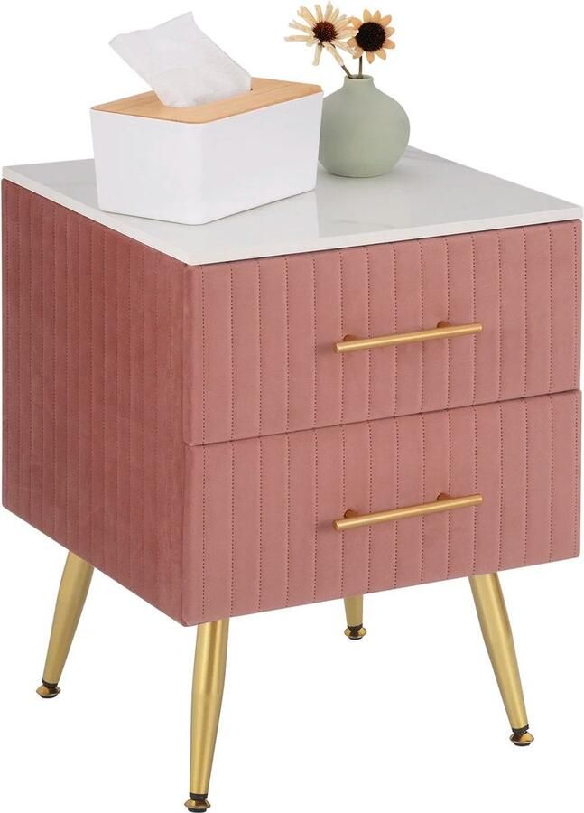 EliteNest Nachtkastje Modern Design Roze Fluweel 2 Lades Gouden Poten 40.5x41x51 cm Stijlvol & Praktisch Grote Opbergruimte