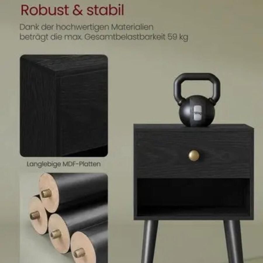 EliteNest Set van 2 Nachtkastjes Met Lade & Open Plank Houten Poten 28x39x55 cm Stevig & Stijlvol Geschikt voor Slaapkamer