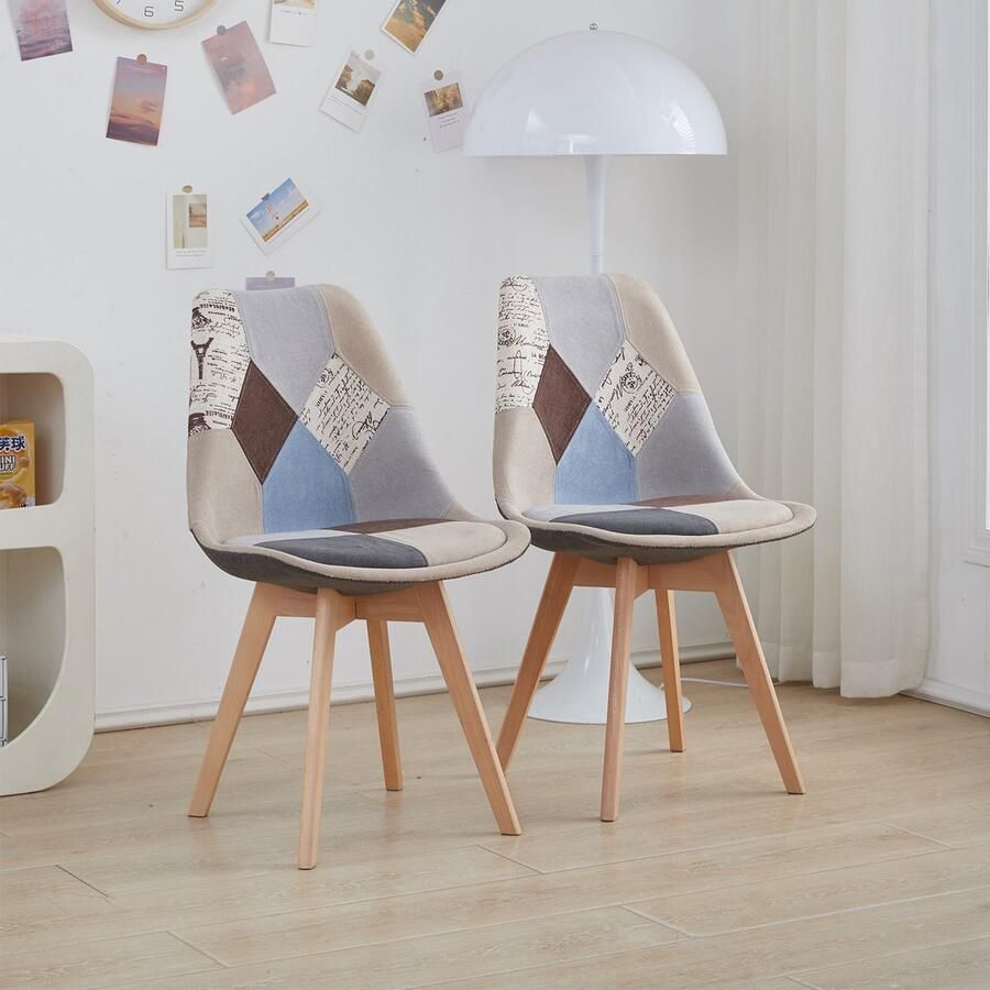 EliteNest Set van 4 Eetkamerstoelen Stoelen Eetkamerstoelen Gestoffeerd Patchwork Stof Houten Poten Multicolor Bruin Retro Design Comfortabel & Stevig