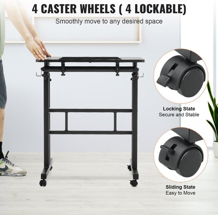 EliteNest Zit-Sta Bureau Gasveer In Hoogte Verstelbaar 360° Draaibare Wielen Kantelbaar Tafelblad Ergonomisch Werkstation Mobiel Laptopbureau 67-114 cm Hoogte 60x60 cm Werkblad 18 1 kg Draagvermogen Voor Kantoor en Thuis**