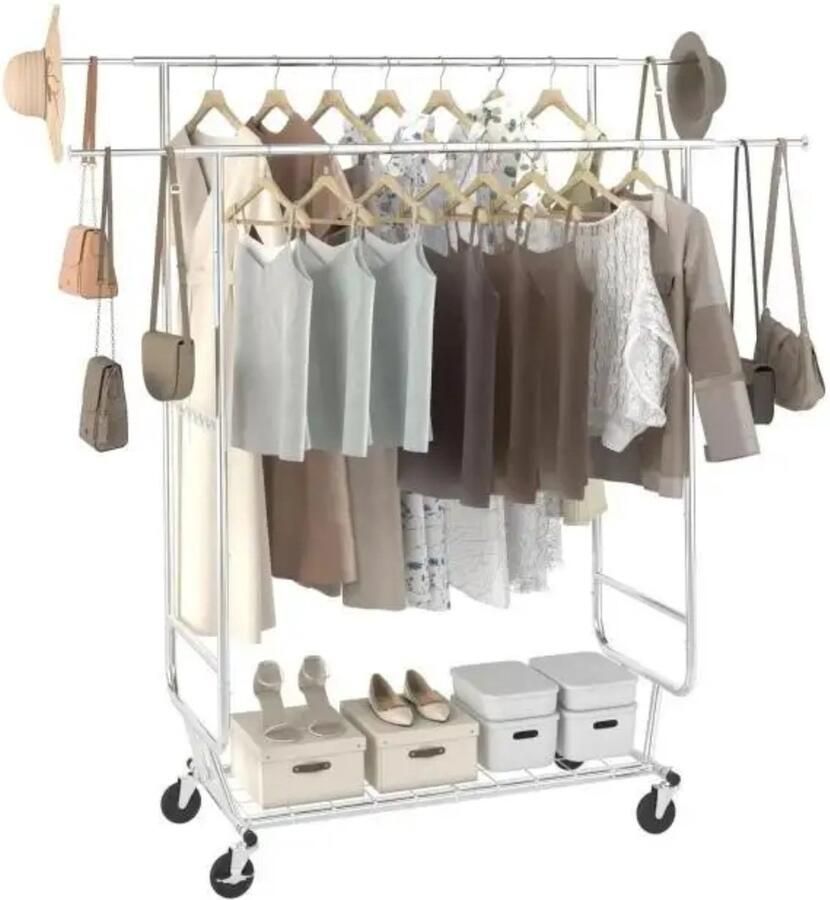 EliteNestÂ Verstelbaar Kledingrek Dubbele Stang Met Wielen & Ondere Plank Uitschuifbaar tot 192 cm Stevig Metaal Mobiel