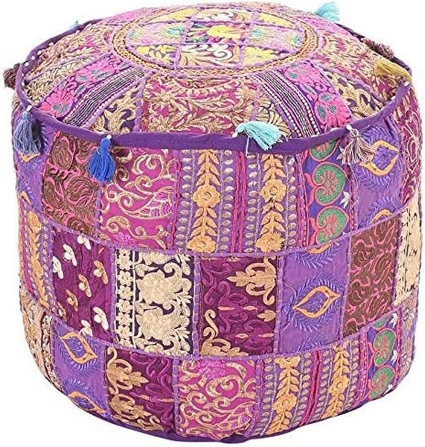 Embroidered Indian Cotton Footrest Round Bean Bag Cover (Purple 18x13) Cover Only