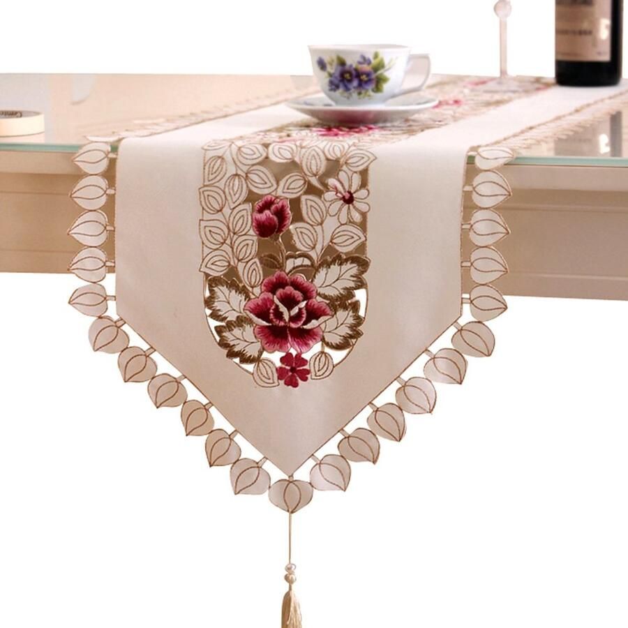 Embroidery Table Runner Flower Hollow Decorative Table Runner Dining Table Cover and Runner (40x130cm)