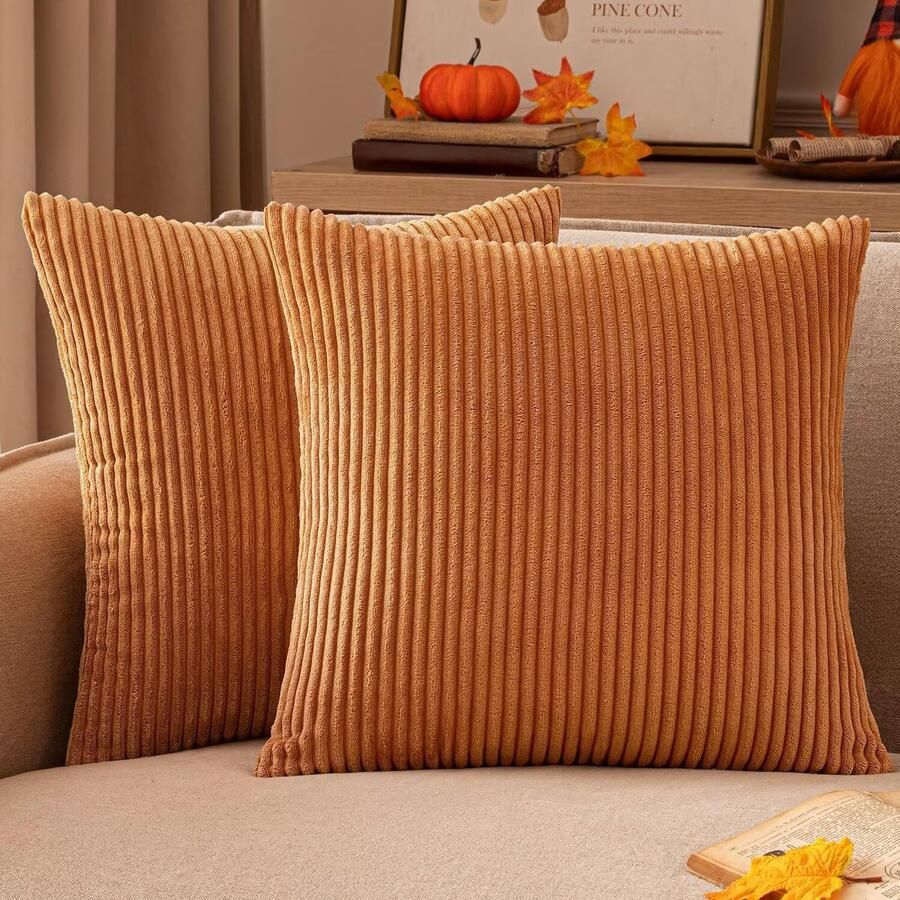 EMEMA kussenhoes 50 x 50 cm herfst corduroy kussenhoezen sierkussen bankkussen corduroy kussenhoes sierkussenhoes corduroy decoratief zacht voor bank woonkamer slaapkamer set van 2 gebrand oranje