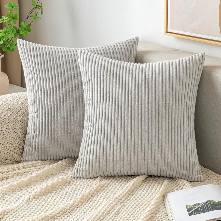 EMEMA kussenhoes 45 x 45 cm corduroy kussenhoezen sierkussen bank kussen koord kussenhoes sierkussenhoes koord decoratief zacht voor bank woonkamer slaapkamer set van 2 lichtgrijs