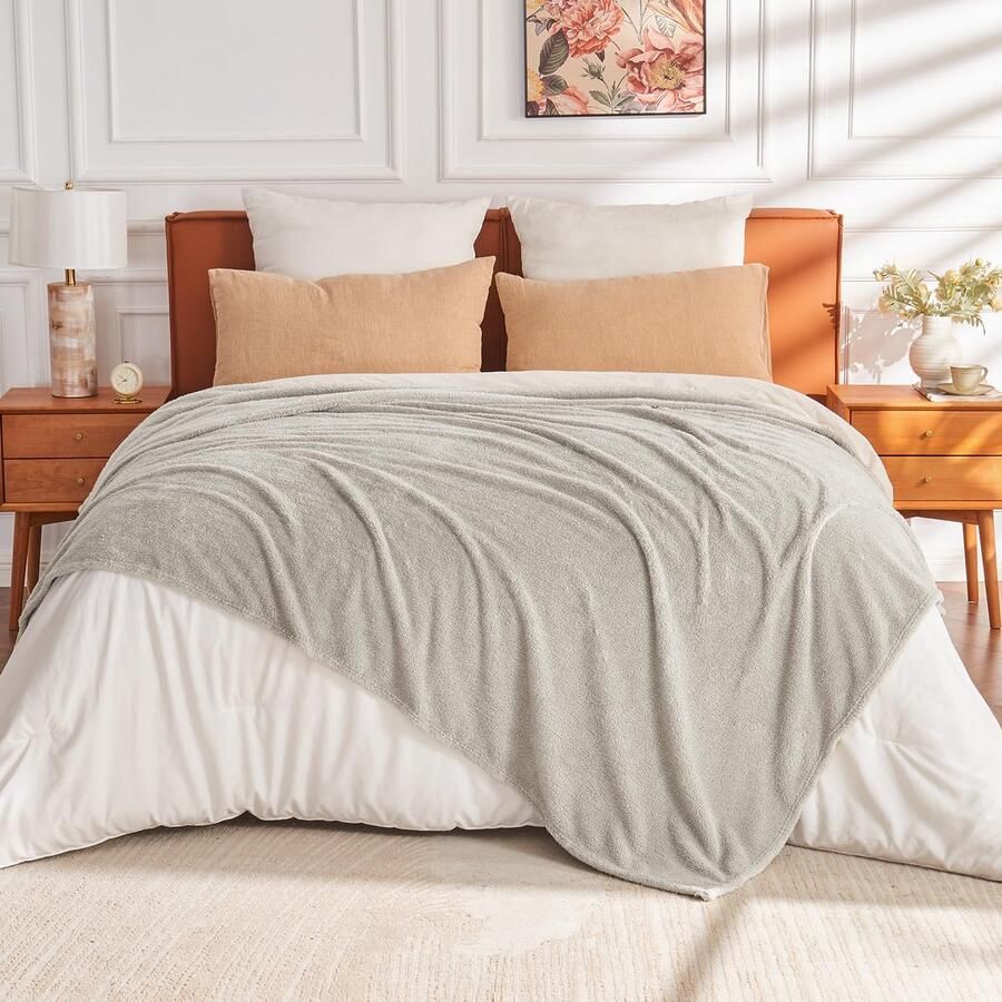 EMME Fluffy Sherpa deken 150 x 200 cm zachte warme wollen en fleece deken sprei plaid deken voor bank grijs