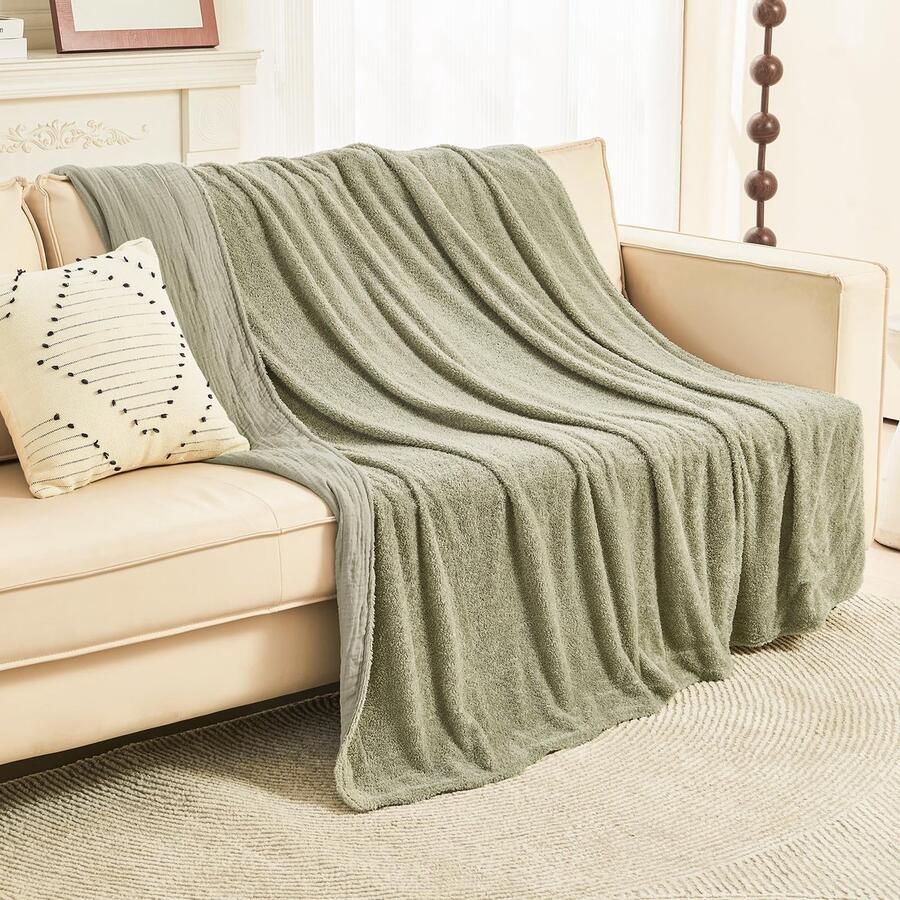 EMME Geweven Muslin Deken Katoen & Fleece Bankdeken Bedsprei Zachte Deken voor Bank Zachte Lichtgewicht Ademende Deken 130x150 Saliegroen