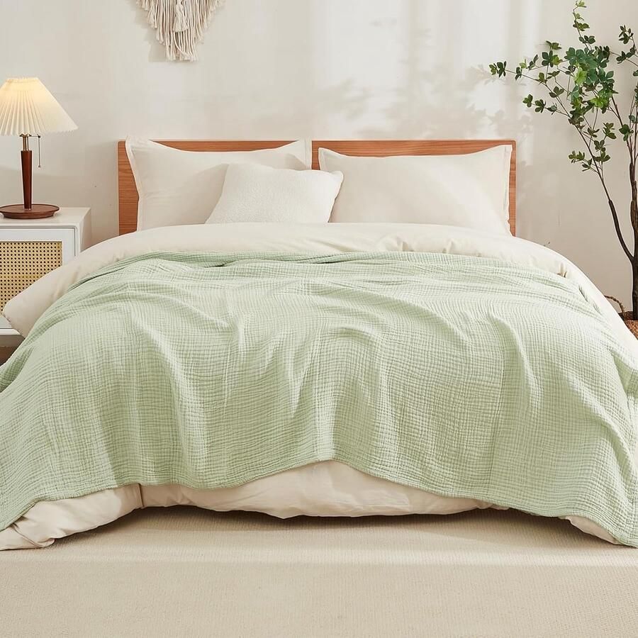 EMME katoenen deken 100% mousseline zachte deken voor op de bank ademende gaasdeken alle seizoenen zachte en lichtgewicht voorgewassen katoenen deken (saliegroen 50 x 70 inch)