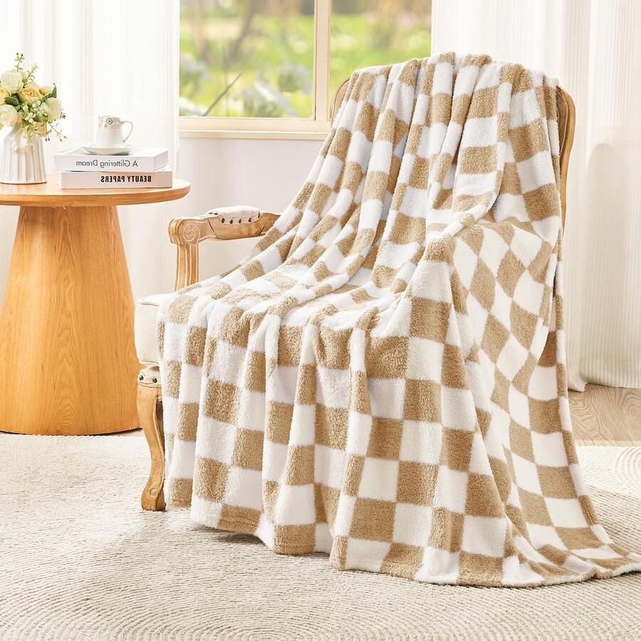 EMME Knuffeldeken Fluffy Blanket Geruite dekens 150 x 200 cm Geweven bankdeken Zachte warme wollen deken & fleece deken Bedsprei Deken Knuffeldekens voor de bank Beige
