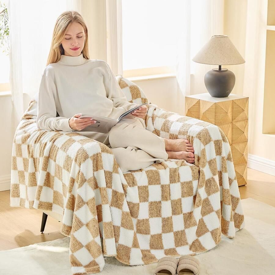 EMME Knuffeldeken Fluffy Sherpa Geruite deken zachte warme wollen deken & fleece deken sprei plaid deken voor bank beige 130 x 150 cm