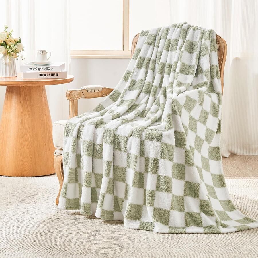 EMME Knuffeldeken Fluffy Sherpa Geruite deken 200 x 230 cm Zachte warme wollen deken & fleece deken sprei plaid deken voor bank saliegroen